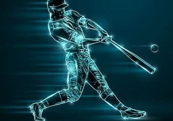 Abstract silhouette of a baseball player on blue background. Baseball player batter hits the ball. Vector illustration